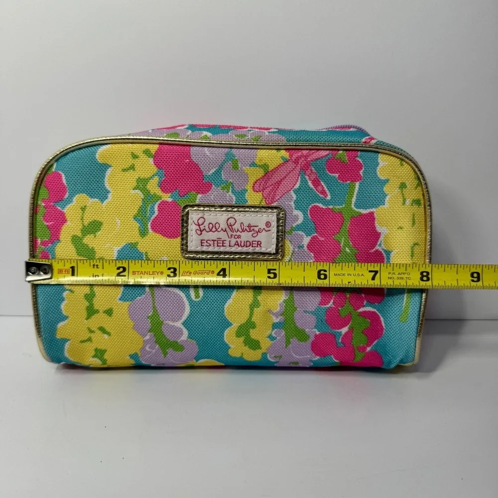 Lilly‎ Pulitzer for Estee Lauder Floral Dragonfly Makeup Bag Teal Pink Gold Trim